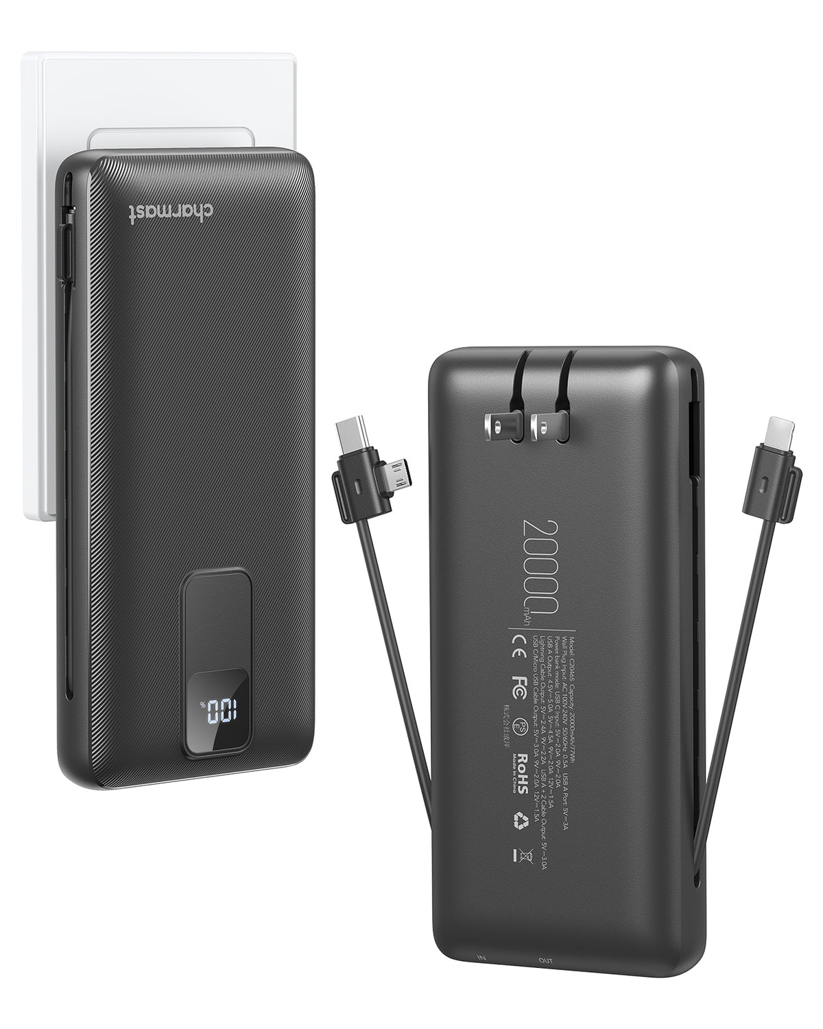 Charmast 20000mAh Portable Charger with Built-in Cables and Wall Plug